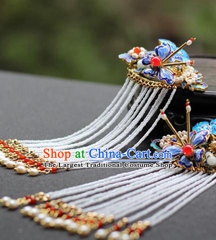 Chinese Traditional Ming Dynasty Pearls Tassel Hair Stick Ancient Imperial Concubine Blueing Butterfly Hairpin