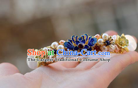 Chinese Ancient Palace Lady Pearls Hairpin Traditional Ming Dynasty Cloisonne Chrysanthemum Hair Stick