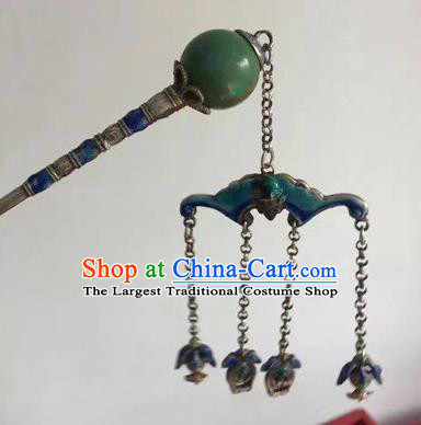 Chinese Traditional Qing Dynasty Silver Hair Stick Ancient Empress Cloisonne Bat Tassel Hairpin