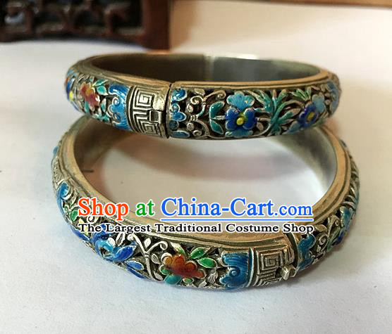 Handmade China Ethnic Carving Silver Bangle National Wedding Cloisonne Bracelet Accessories