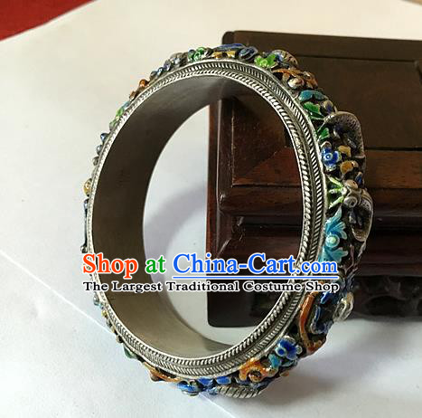 Handmade China National Cloisonne Bracelet Accessories Ethnic Silver Carving Dragon Bangle