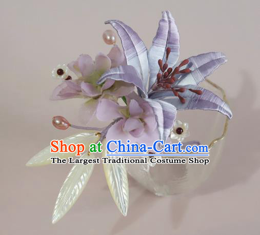 Chinese Ancient Princess Shell Leaf Hair Clip Traditional Hair Accessories Lilac Silk Lily Flower Hairpin