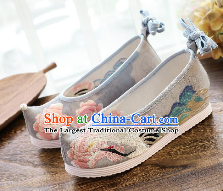 China Traditional Ming Dynasty Hanfu Shoes Handmade Princess Shoes National Embroidered Crane Grey Shoes