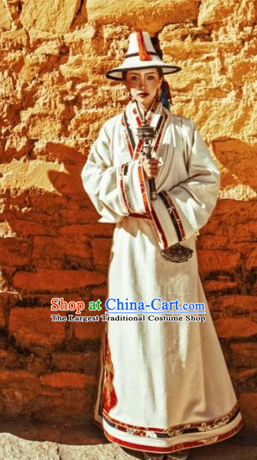 China Zang Nationality Stage Performance White Robe Clothing Traditional Xizang Tibetan Minority Female Costume