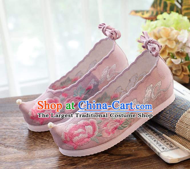 China Traditional Ming Dynasty Princess Shoes Handmade Pink Cloth Shoes National Embroidered Peony Hanfu Shoes