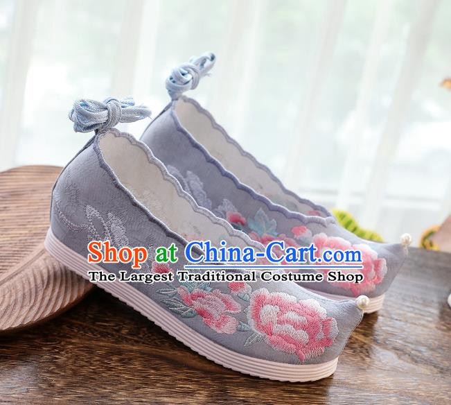 China National Embroidered Peony Hanfu Shoes Traditional Ming Dynasty Princess Shoes Handmade Grey Cloth Shoes