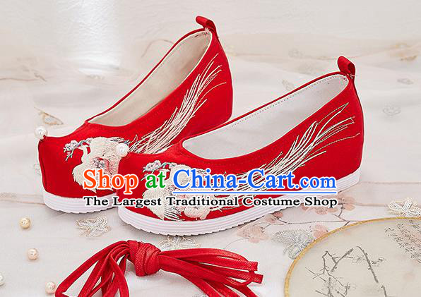 China National Embroidered Phoenix Red Cloth Shoes Traditional Hanfu Bow Shoes Handmade Princess Wedding Pearl Shoes