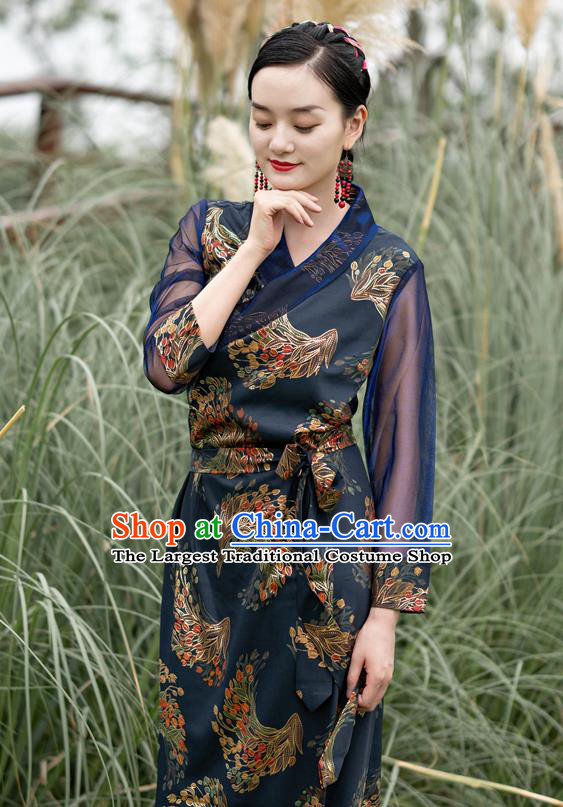 China Traditional Tibetan Woman Navy Blue Bola Dress Costume Zang Nationality Minority Stage Performance Clothing