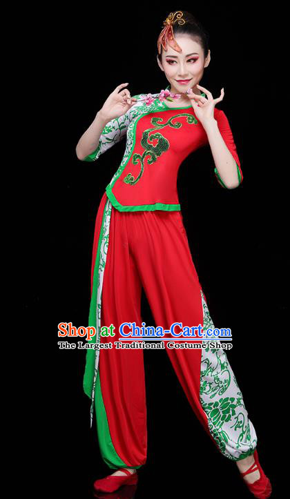 China Drum Dance Yangko Dance Clothing Traditional Folk Dance Fan Dance Red Outfits