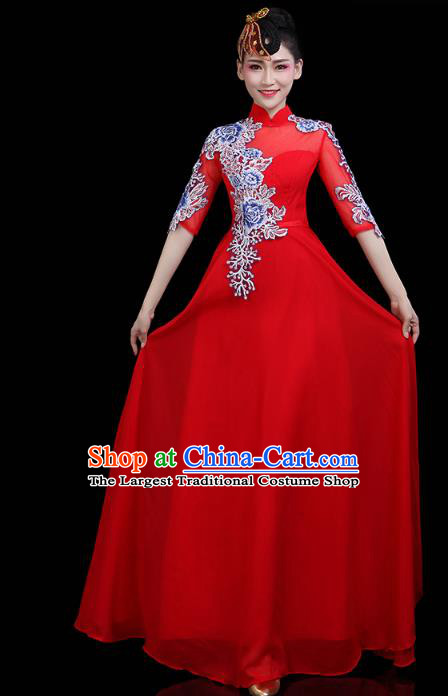 China Woman Embroidered Chorus Costume Modern Dance Clothing Opening Dance Red Dress