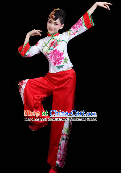 China Traditional Folk Dance Stage Performance Printing Peony Outfits Yangko Dance Fan Dance Clothing