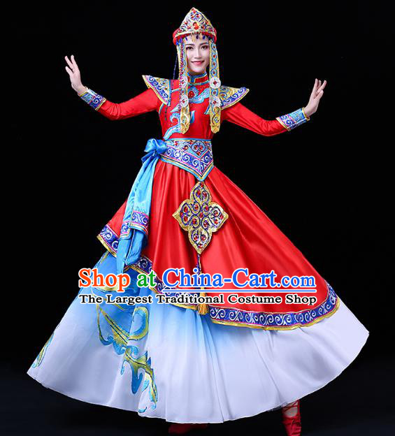 Chinese Mongol Ethnic Wedding Bride Dress Traditional Mongolian Nationality Folk Dance Costume and Headwear