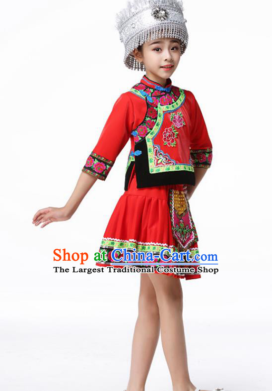 Chinese Hmong Ethnic Girl Performance Clothing Traditional Miao Minority Children Dance Red Dress Outfits