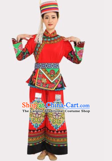 Chinese Ethnic Torch Festival Performance Red Outfits Traditional Yi Nationality Folk Dance Costumes