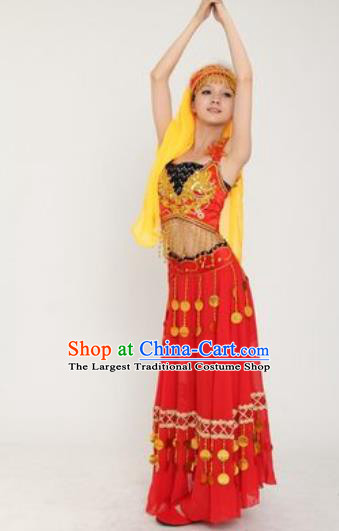 Chinese Xinjiang Ethnic Dance Red Dress Outfits Traditional Uygur Nationality Performance Female Costumes