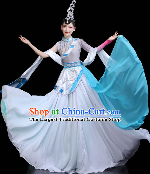 Chinese Tibetan Ethnic Stage Performance White Dress Traditional Zang Nationality Folk Dance Costume