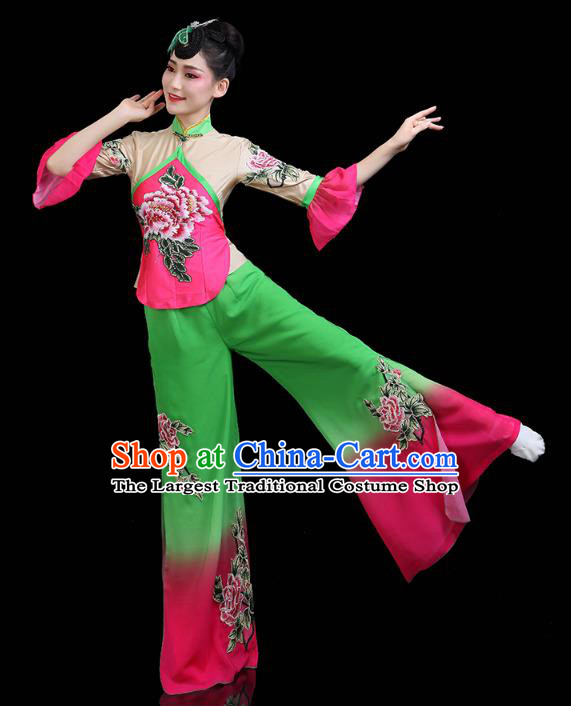 China Yangko Dance Clothing Traditional Folk Dance Fan Dance Printing Peony Outfits