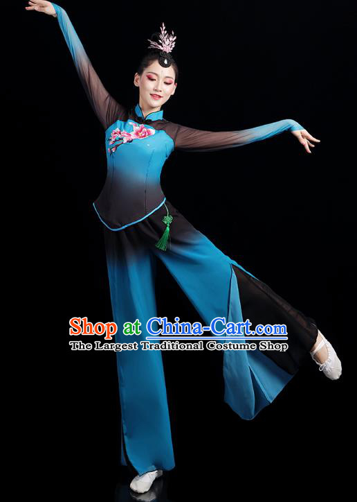 China Folk Dance Competition Clothing Group Fan Dance Costume Yangko Dance Blue Outfits