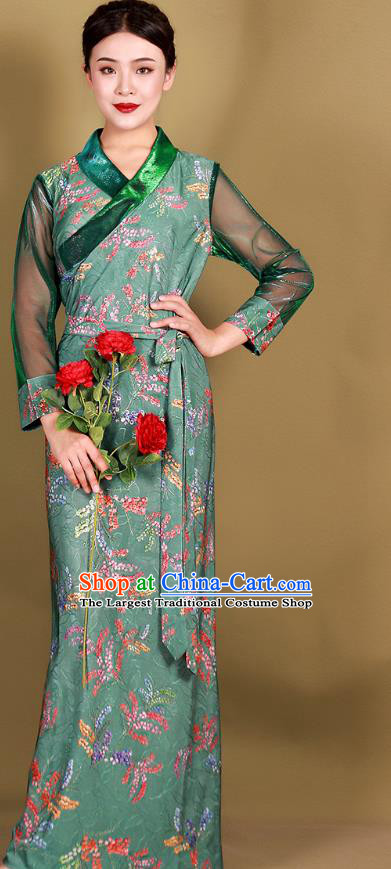 China Traditional Zang Nationality Minority Clothing Tibetan Kangba Woman Green Bola Dress