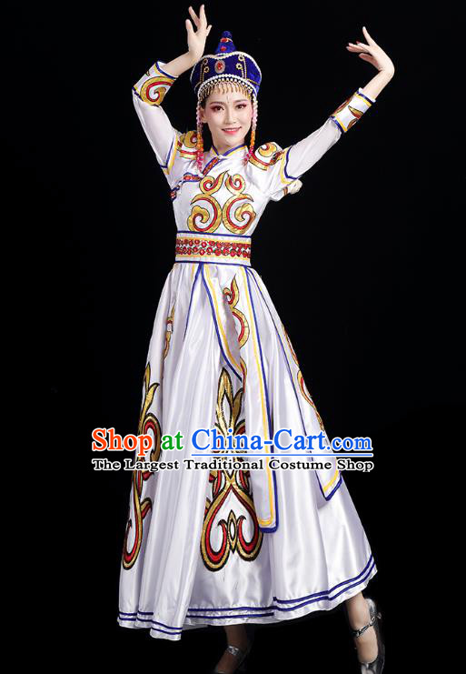 Chinese Traditional Mongol Nationality Folk Dance Costumes Mongolian Ethnic Minority Woman White Dress