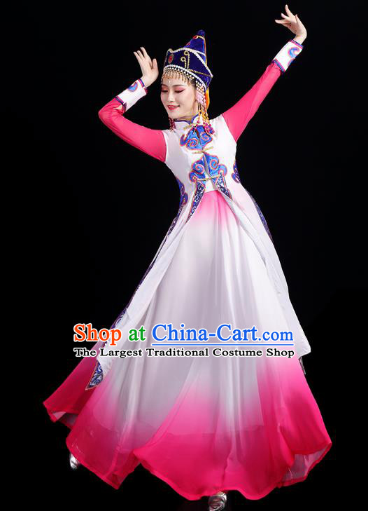 Chinese Mongolian Ethnic Minority Stage Performance Pink Dress Traditional Mongol Nationality Folk Dance Costumes