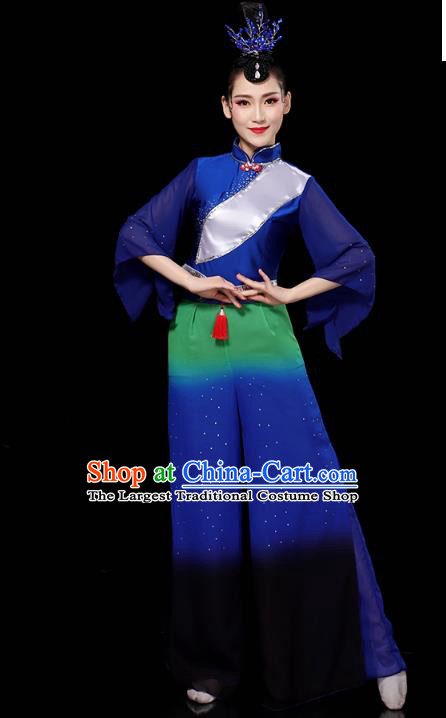 China Folk Dance Deep Blue Outfits Yangko Dance Performance Clothing Traditional Fan Dance Costume