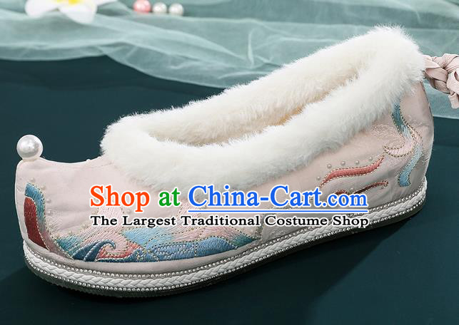 China National Woman Winter Shoes Traditional Ming Dynasty Princess Shoes Ancient Hanfu Embroidered Bow Shoes