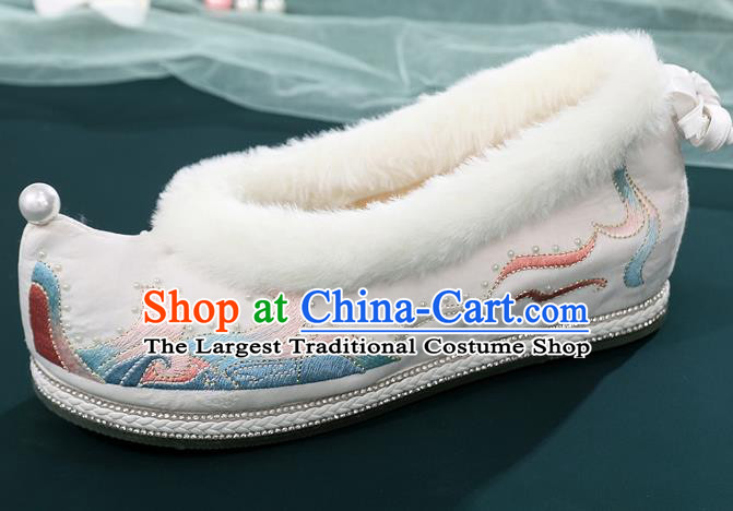 China Ancient Hanfu Embroidered Bow Shoes National Woman Winter White Cloth Shoes Traditional Ming Dynasty Princess Shoes