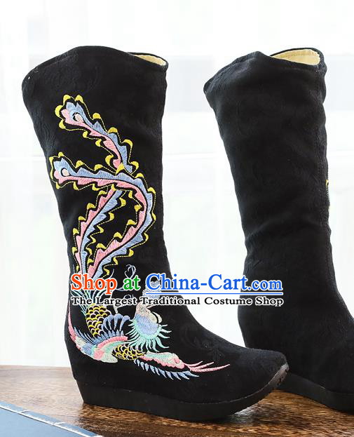 Chinese Traditional Hanfu Swordsman Black Cloth Boots National Embroidered Phoenix Shoes