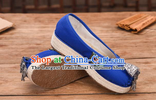 Chinese National Embroidered Royalblue Cloth Shoes Yunnan Miao Ethnic Folk Dance Wedge Heel Shoes