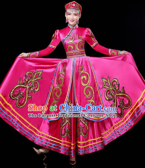 Chinese Traditional Mongolian Nationality Woman Costume Mongol Ethnic Folk Dance Rosy Dress