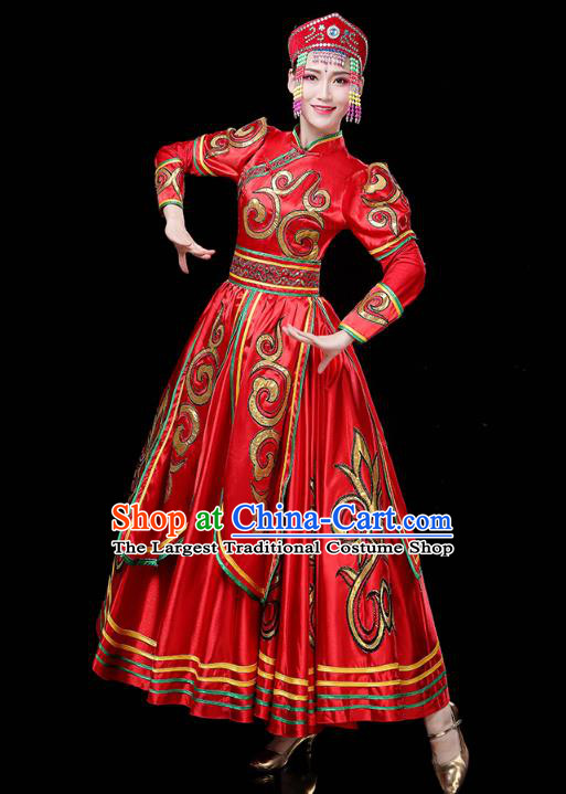 Chinese Mongol Ethnic Folk Dance Red Dress Traditional Mongolian Nationality Wedding Bride Costume