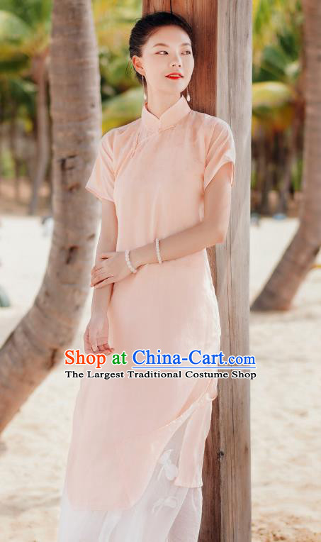 Chinese National Young Lady Cheongsam Costume Traditional Stand Collar Pink Qipao Dress