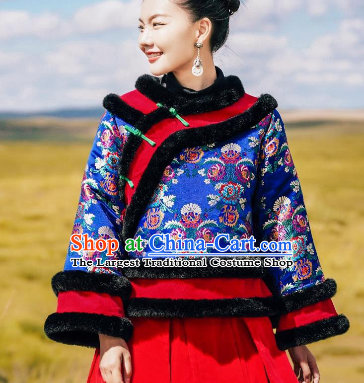 Chinese Traditional Woman Winter Outer Garment Costume Tang Suit Embroidered Royalblue Cotton Wadded Jacket