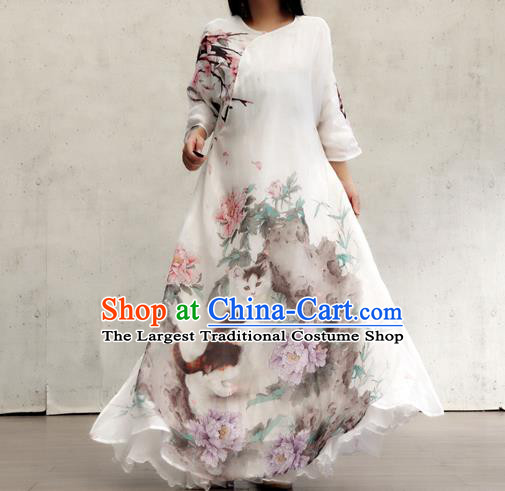 Chinese Traditional National Woman Costume Printing Peony Cat White Flax Qipao Dress