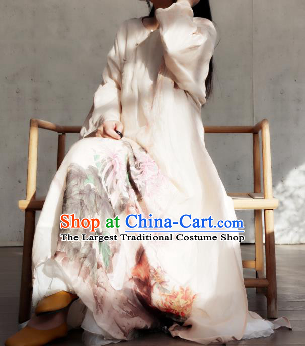 Chinese National Woman Costume Traditional Printing Chrysanthemum Cat White Qipao Dress Stand Collar Cheongsam