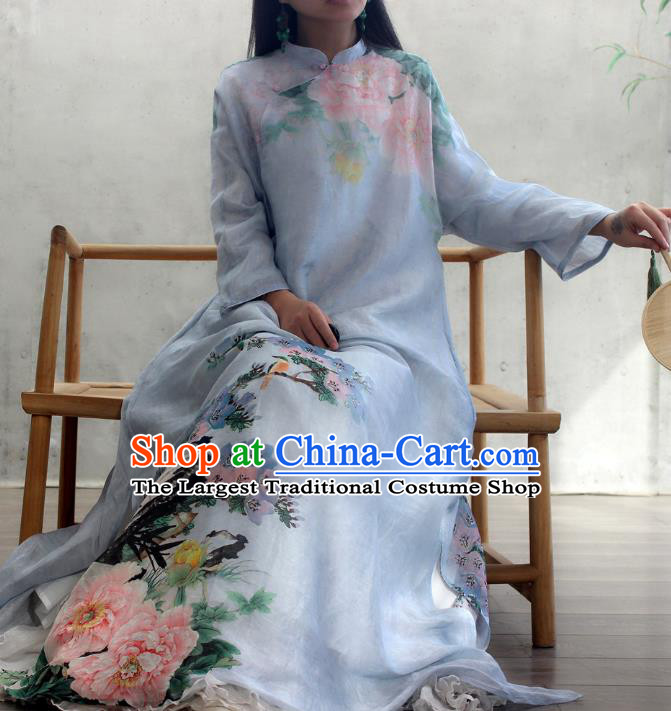 Chinese National Woman Costume Traditional Stand Collar Qipao Dress Printing Peony Blue Cheongsam