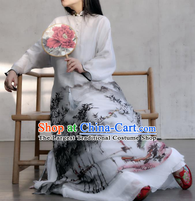 Chinese Traditional Woman Costume White Flax Qipao Dress National Ink Painting Landscape Cheongsam