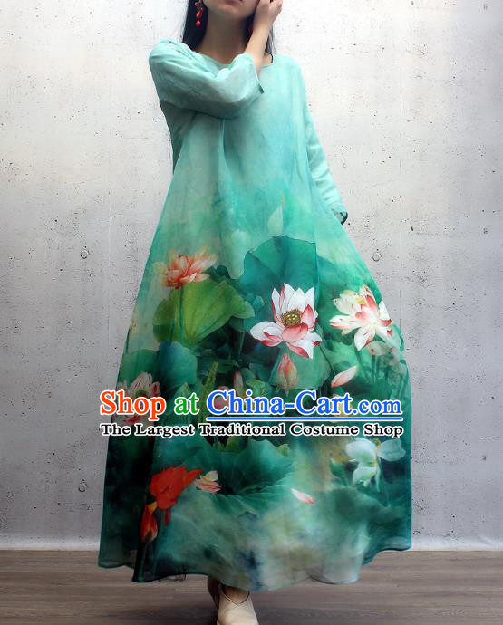 Chinese Traditional Qipao Dress Woman Costume National Printing Lotus Green Cheongsam