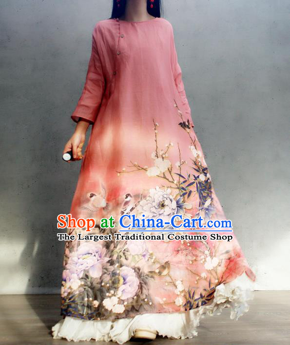 Chinese Traditional Slant Opening Qipao Dress Woman Costume National Printing Peony Pink Cheongsam