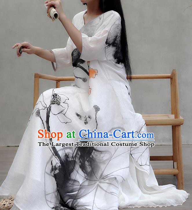 Chinese Traditional Ink Painting Lotus Qipao Dress Woman Costume National Tang Suit White Cheongsam