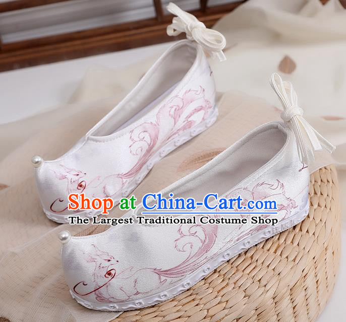 China Handmade Ancinet Ming Dynasty Princess Shoes Traditional Hanfu Bow Shoes Printing Nine Tails Fox White Satin Shoes