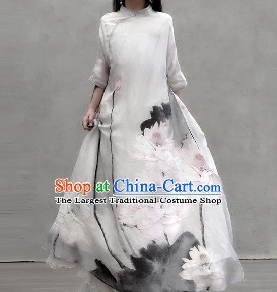 Chinese Traditional White Stand Collar Qipao Dress Woman Costume National Tang Suit Ink Painting Lotus Cheongsam