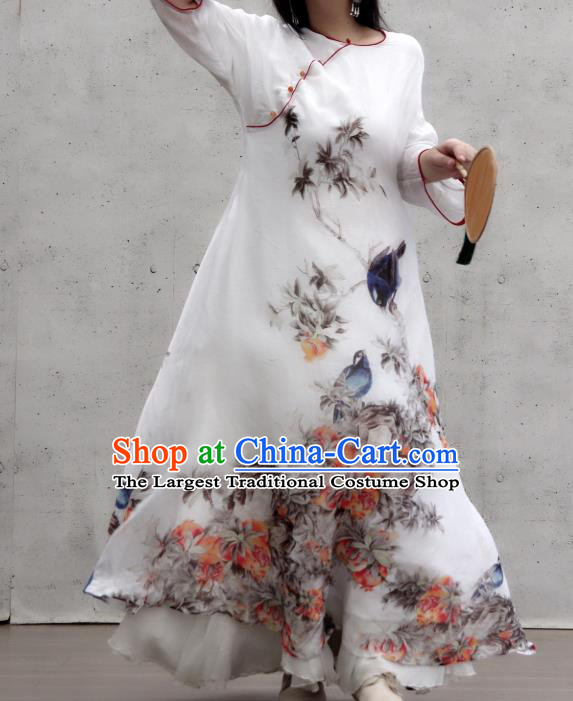 Chinese Traditional Slant Opening Qipao Dress Woman Costume National Printing White Cheongsam