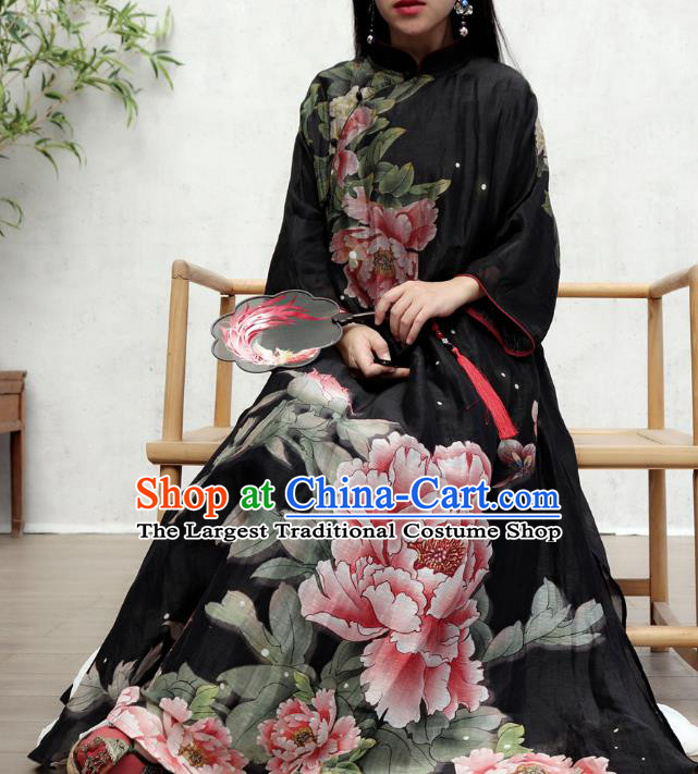 Chinese Traditional Printing Peony Qipao Dress Woman Costume National Stand Collar Black Cheongsam