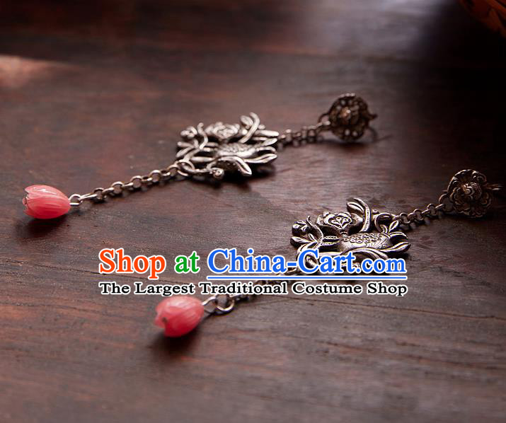 China Traditional Cheongsam Pink Mangnolia Earrings Handmade National Silver Ear Accessories