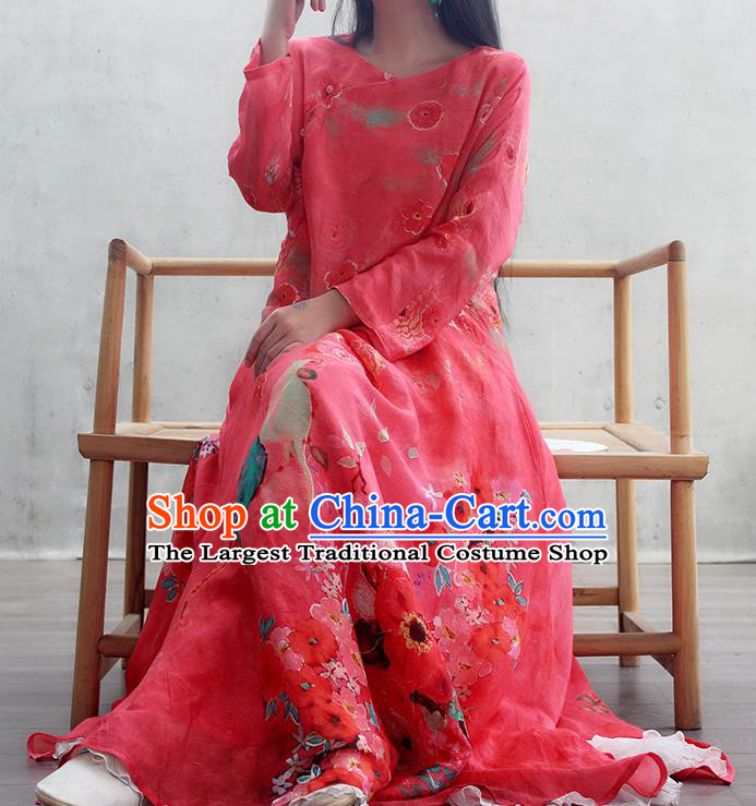 Chinese Traditional Red Qipao Dress Woman Costume National Tang Suit Printing Cheongsam