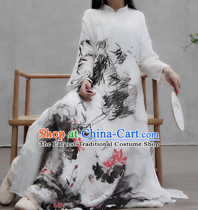 Chinese Traditional Ink Painting Bamboo Lotus Qipao Dress Woman Costume National Tang Suit White Cheongsam