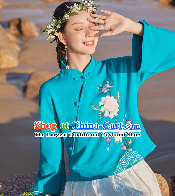 Chinese Traditional National Woman Shirt Costume Tang Suit Embroidered Blue Blouse