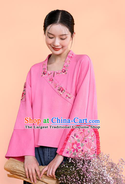 Chinese Traditional Woman Costume Embroidered Outer Garment National Tang Suit Pink Jacket